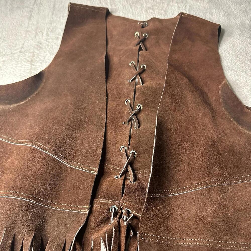 Vintage 70s Brown Leather Cowboy Fringe Tassel Boho Western Outlaw Vest 20 X 26 - Picture 5 of 9